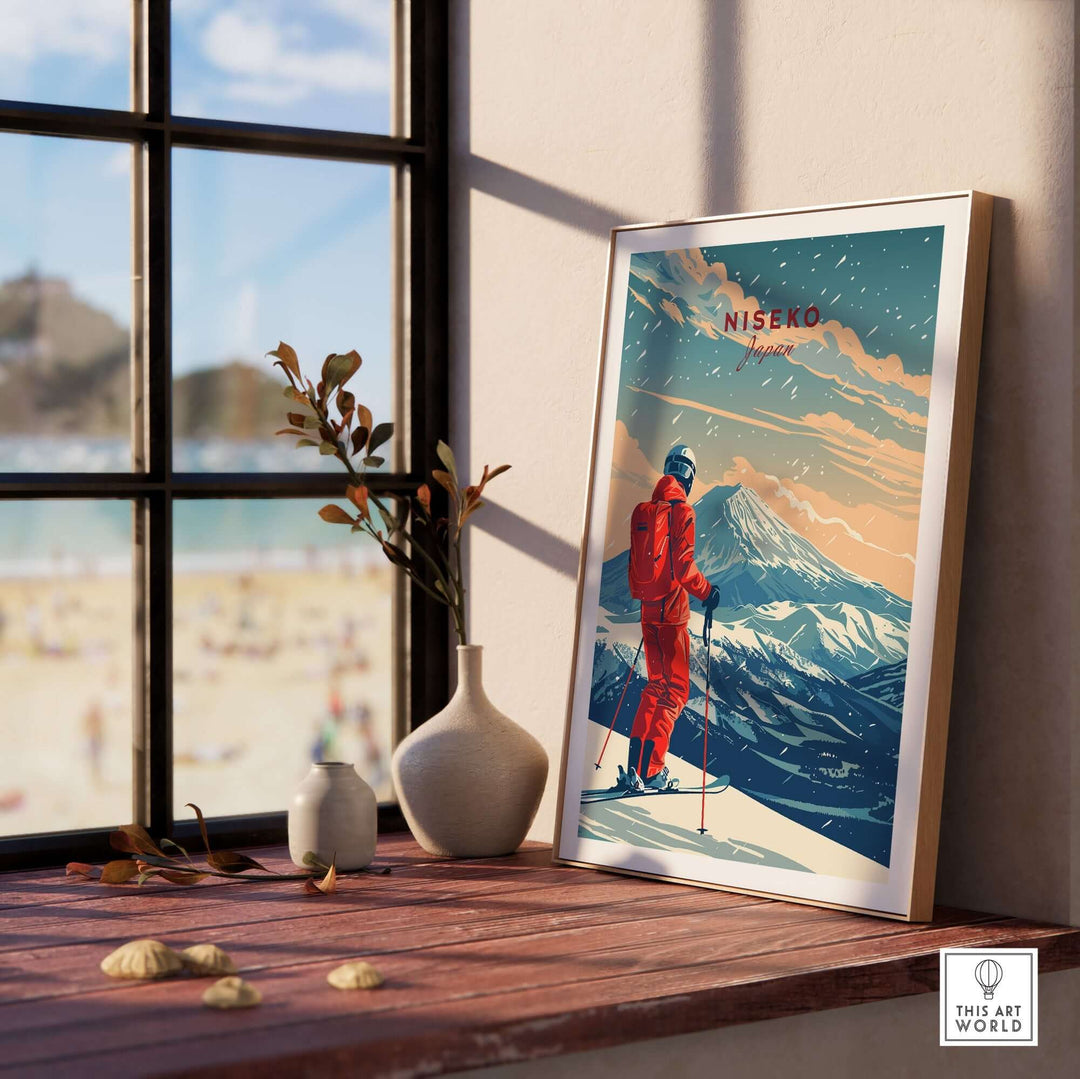 Niseko travel poster featuring skier in red, showcasing Japan's beautiful snow-covered mountains against a bright window backdrop.