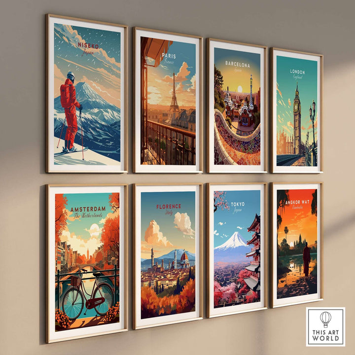 Set of travel posters featuring Niseko, Paris, Barcelona, London, Amsterdam, Florence, Tokyo, and Angkor Wat.