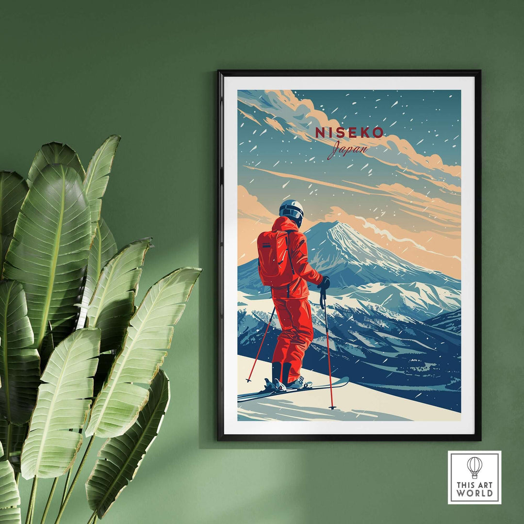 Niseko travel poster depicting a skier on snowy slopes with Mount Fuji in the background, perfect for nature lovers and adventure seekers.