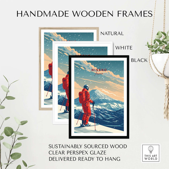 Handmade wooden frames in natural, white, and black for Niseko travel poster, featuring sustainably sourced wood and clear glaze.