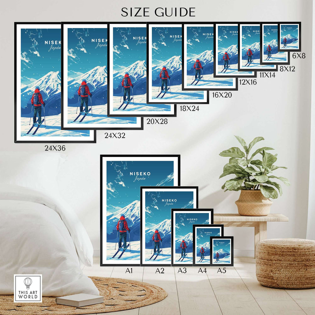 Niseko Travel Print size guide featuring various dimensions of Japan-themed artwork displayed in a cozy room setting.