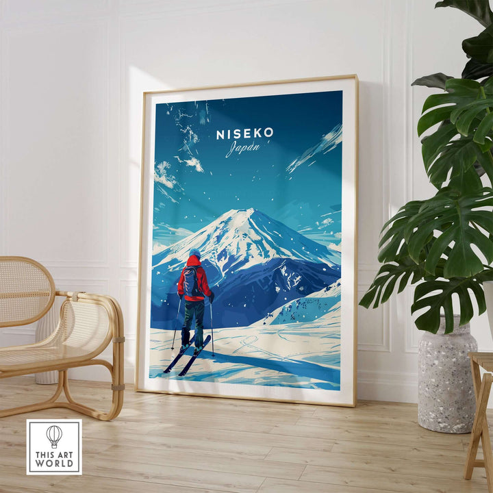 Niseko Japan travel print with skier and mountain in stylish room setting