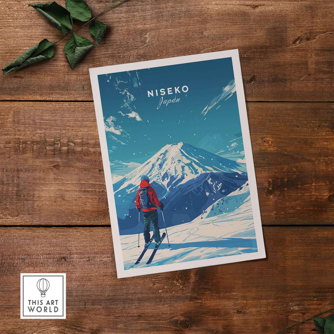 Niseko Travel Print of Japan on Wooden Table - Snowy Mountain Scene with Skier