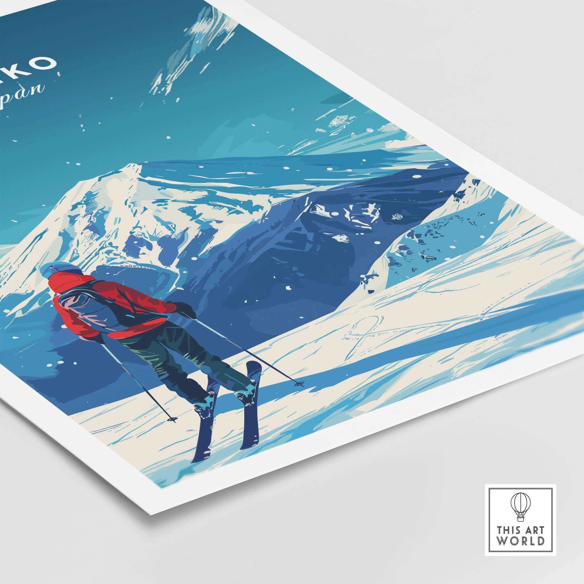 Skiing in Niseko, Japan art print featuring a skier with mountain backdrop, perfect for travel enthusiasts and winter sports lovers.