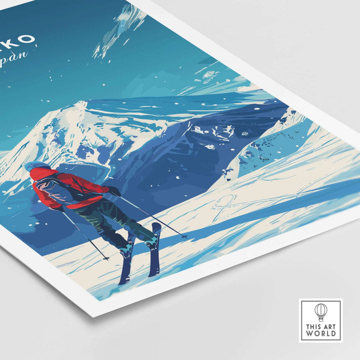 Skiing in Niseko, Japan art print featuring a skier with mountain backdrop, perfect for travel enthusiasts and winter sports lovers.