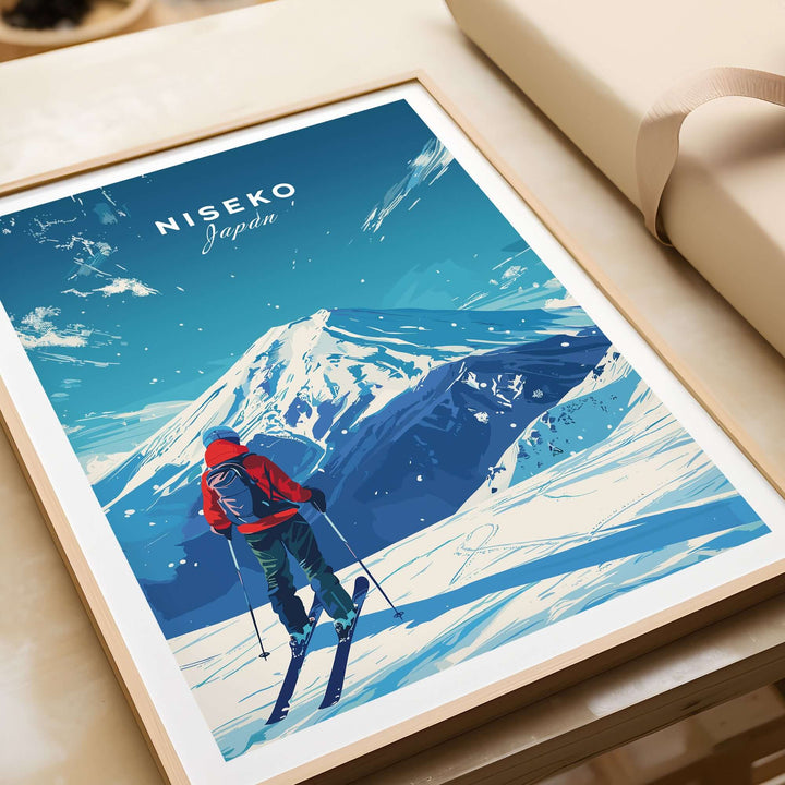 Niseko Japan travel print featuring a skier with snowy mountain backdrop in a stylish wooden frame.