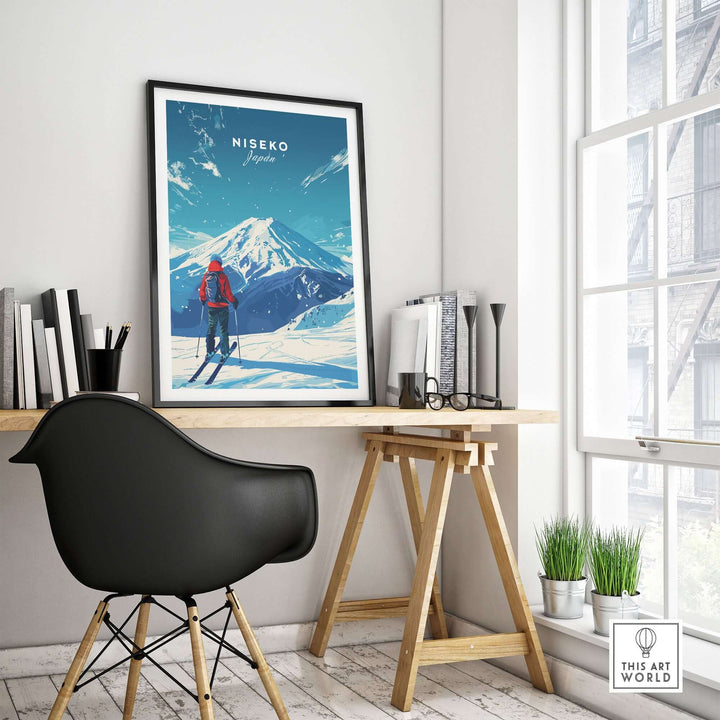 Stylish room with framed Niseko Travel Print showcasing Japan's scenic mountains, perfect for modern decor.