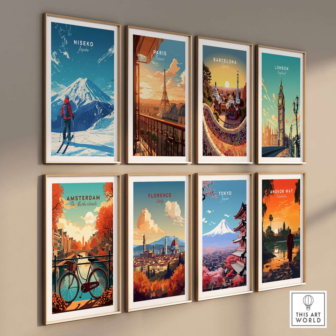 Collection of travel prints with scenic illustrations of Niseko, Paris, Barcelona, London, Amsterdam, Florence, Tokyo, and Angkor Wat.