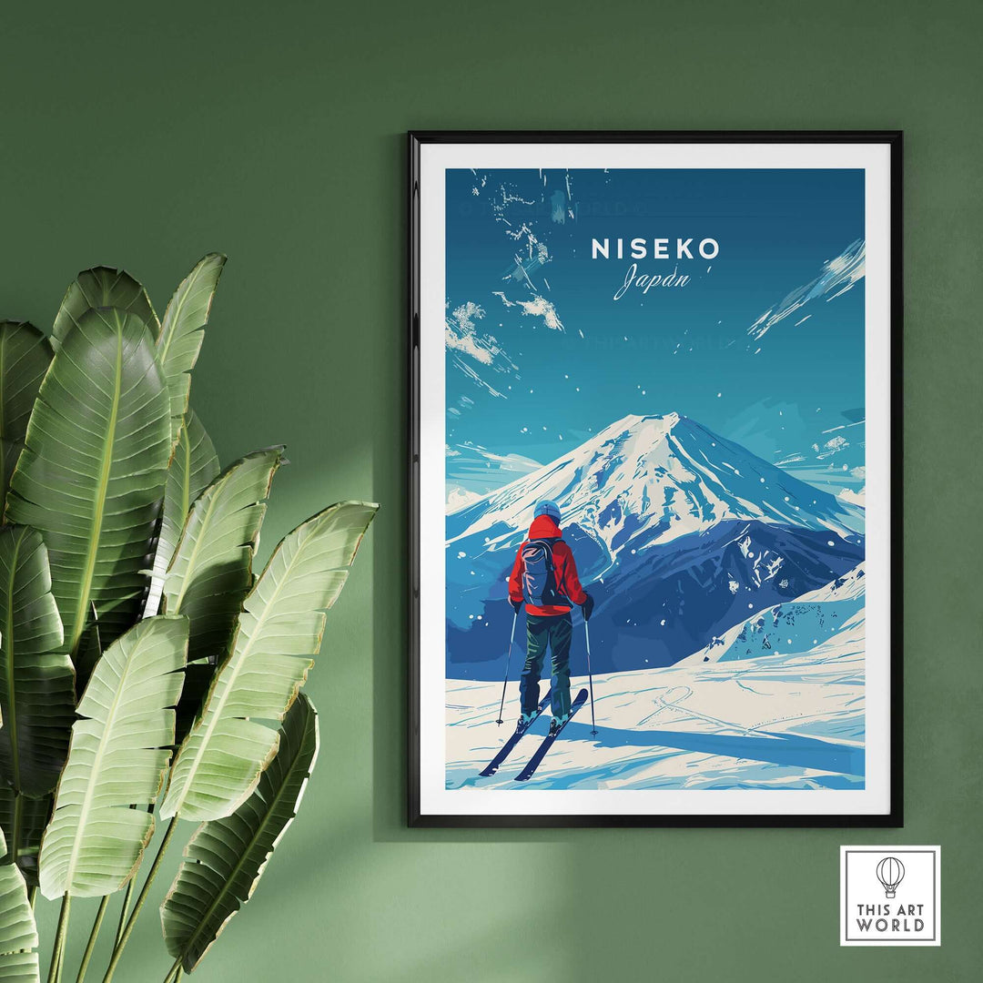 Niseko Japan travel print featuring skier and snow-covered mountain, wall art with a vibrant nature design.