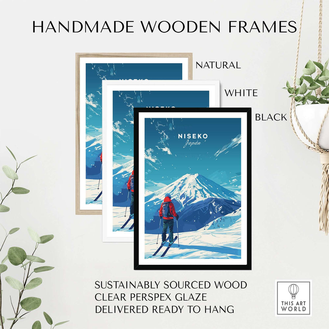 Niseko Japan travel print in handmade wooden frames, available in natural, white, and black. Eco-friendly and ready to hang.