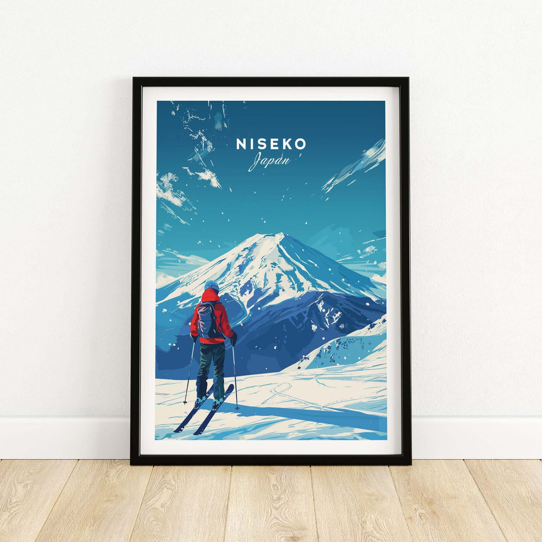 Framed Niseko travel print depicting a skier viewing snow-covered mountains in Japan.