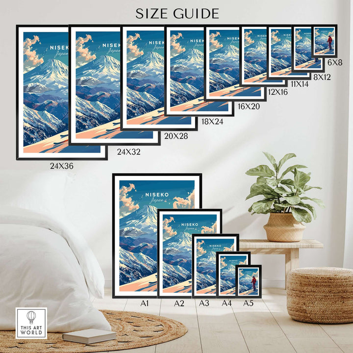 Niseko Wall Art Japan Size Guide - Various poster sizes displayed on wall near bed and plant for home decor.