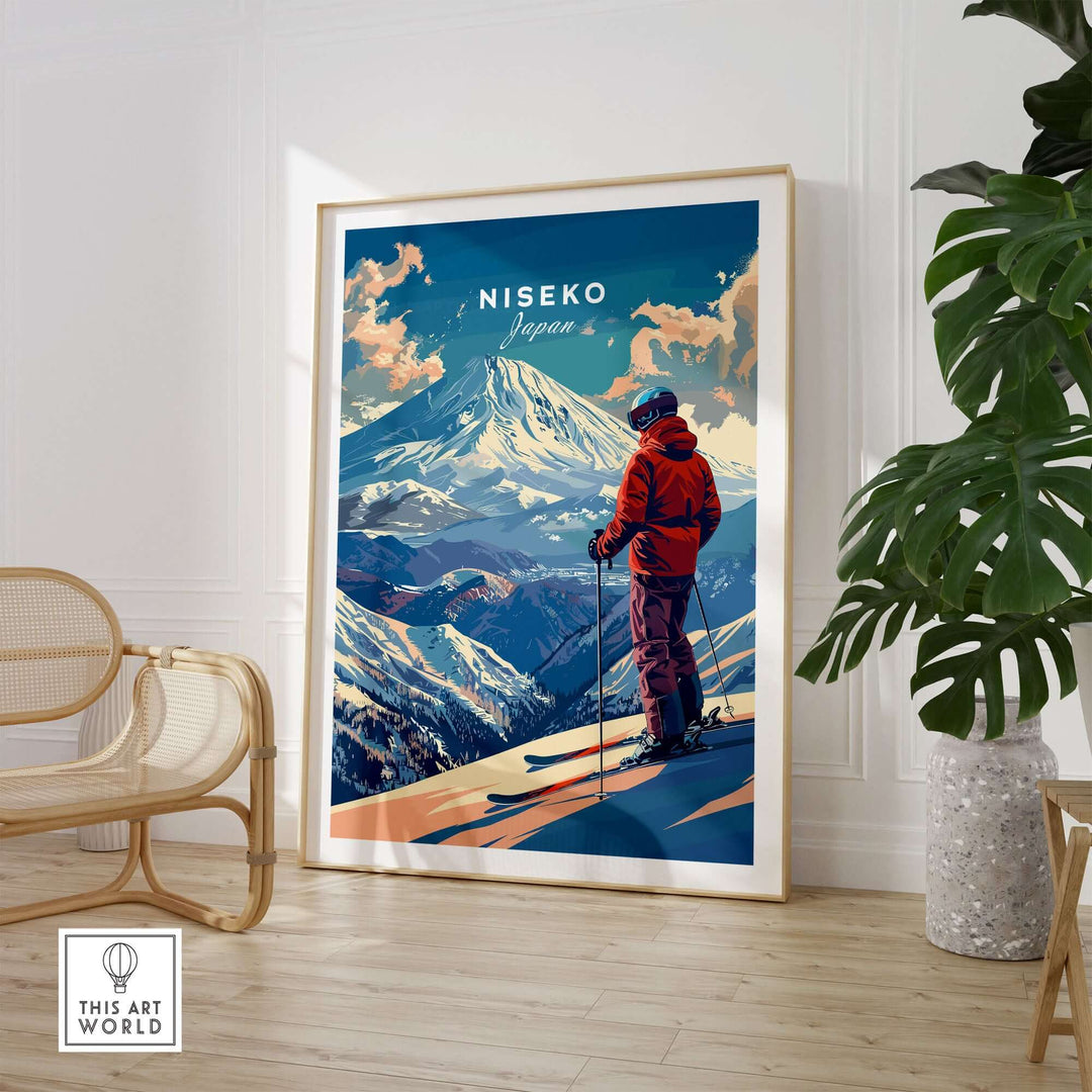 Stunning Niseko wall art featuring a skier on a snowy mountain, capturing the beauty of Japan in vibrant colors. Perfect home decor.