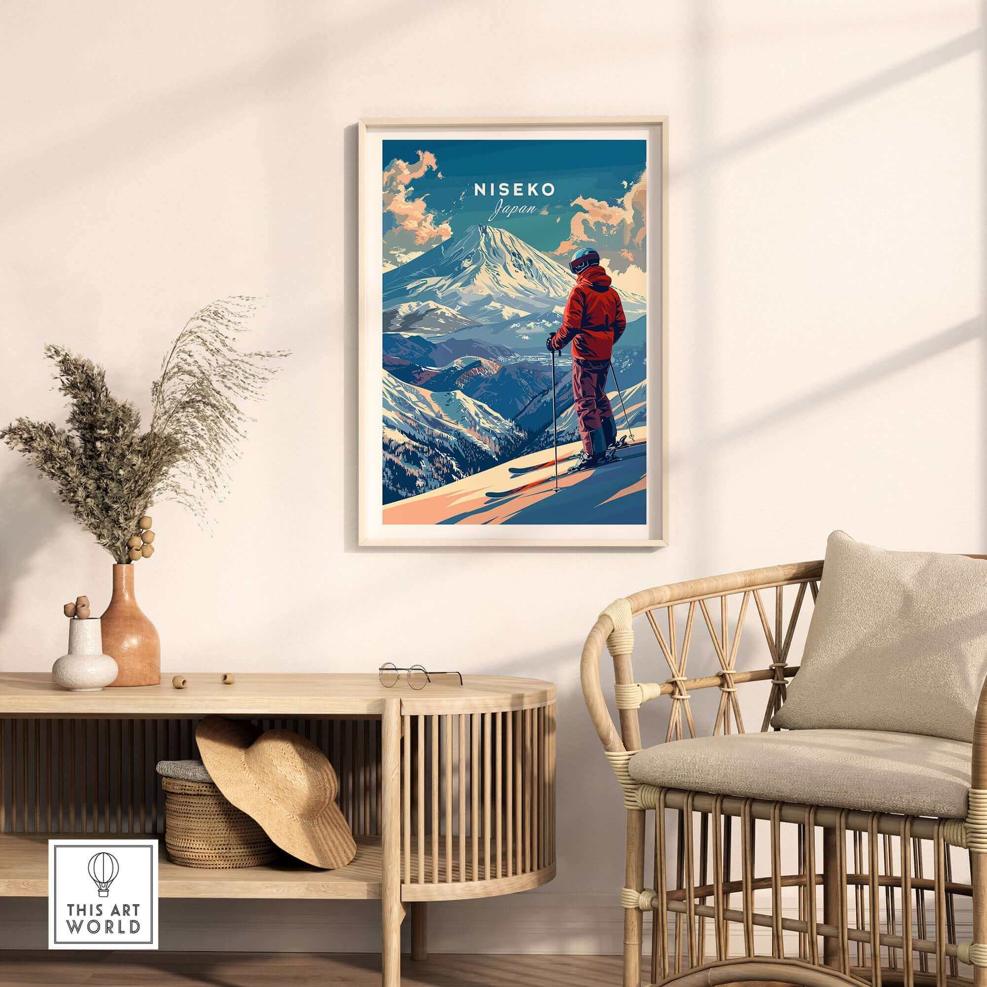 Niseko Wall Art - Scenic Japan Mountain Landscape with Skier in Cozy Living Room