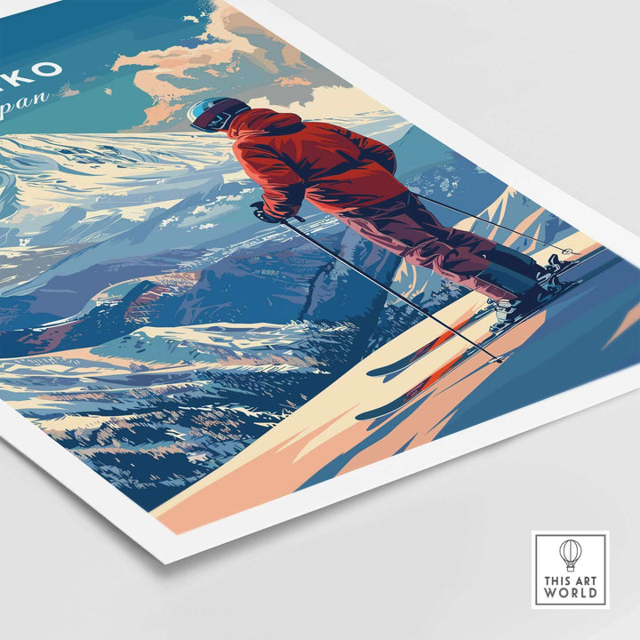 Skier in red jacket on a snowy mountain, part of the Niseko Wall Art collection, capturing Japan's winter landscape.