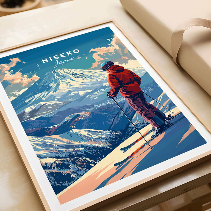 Print of skier overlooking snowy Niseko landscape in Japan, framed as wall art.