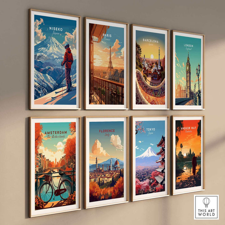 Gallery of travel-themed wall art, including Niseko, Paris, Barcelona, London, Amsterdam, Florence, Tokyo, and Angkor Wat.