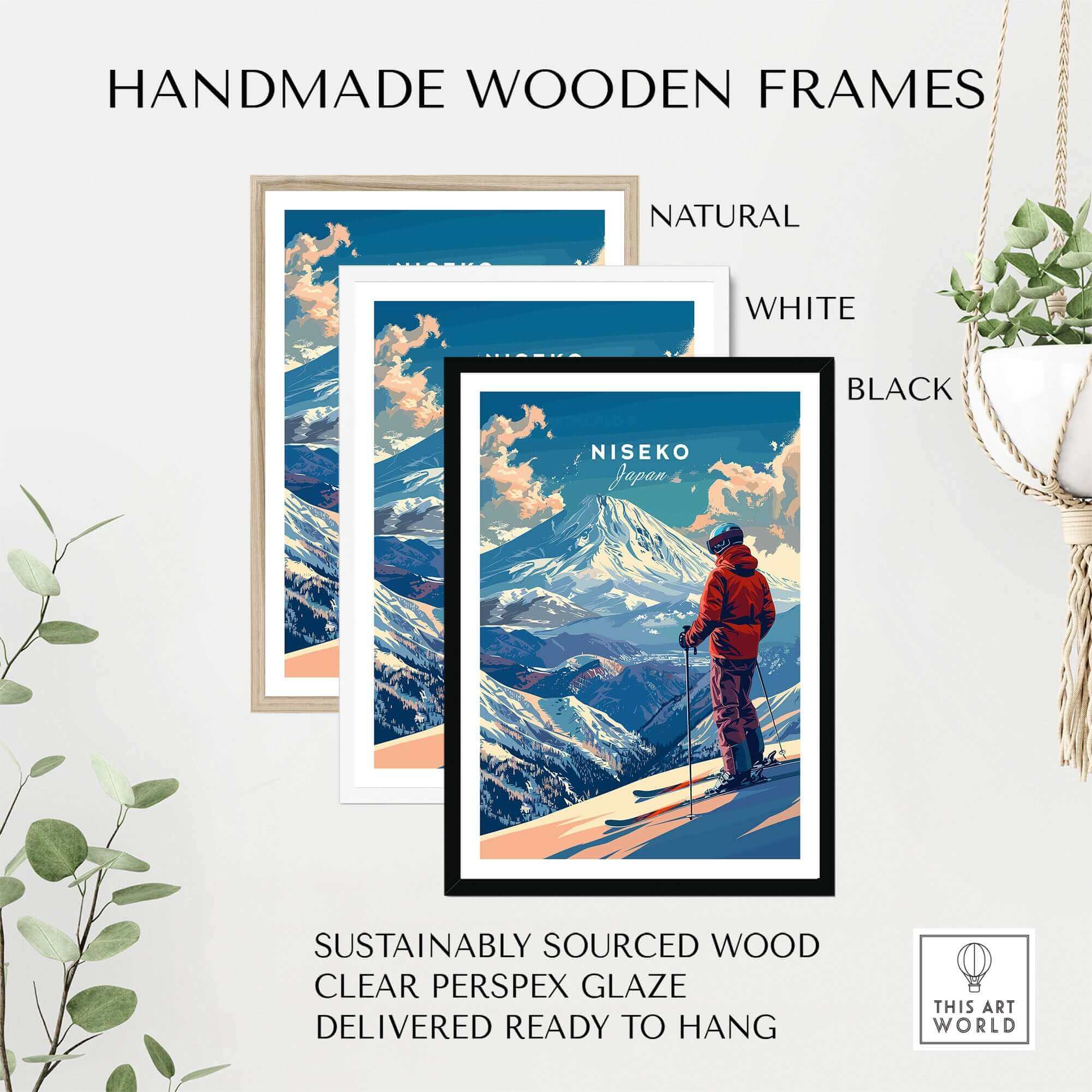 Niseko wall art with skier, available in handmade wooden frames in natural, white, and black. Ready to hang.