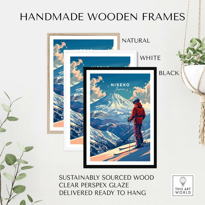 Niseko wall art with skier, available in handmade wooden frames in natural, white, and black. Ready to hang.