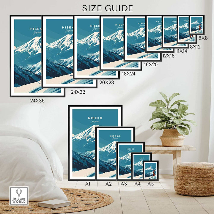 Size guide for Niseko Wall Art Japan Ski Poster, showcasing various print dimensions from 6x8 to A1 sizes in a stylish room setting.