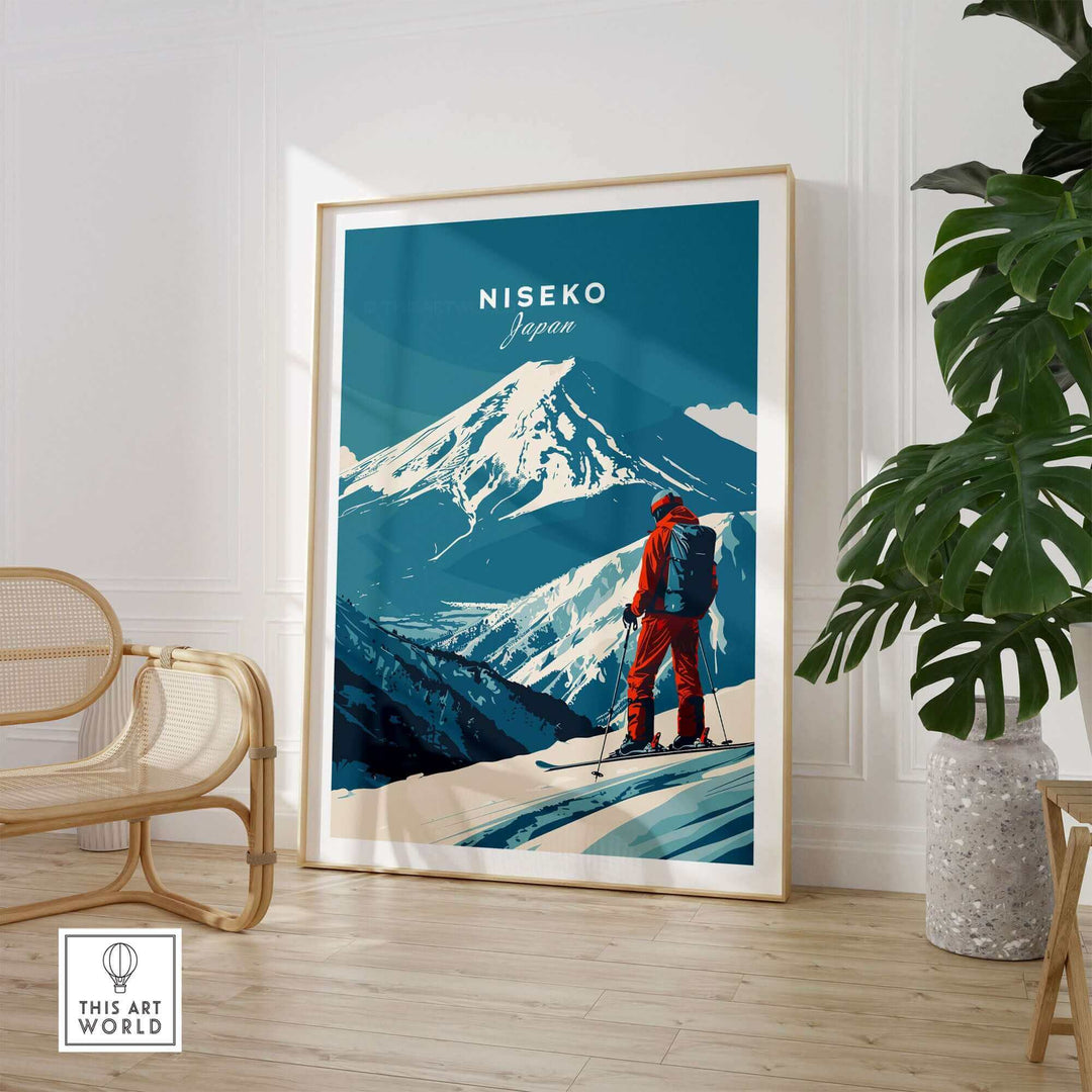 Niseko wall art featuring skier in red overlooking snowy mountain in Japan, ideal for ski enthusiasts and home decorアクセント