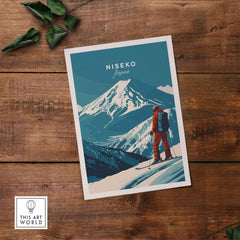 Niseko Wall Art Japan Ski Poster featuring a skier in red gear on snowy slopes with Mount Yotei in the background.