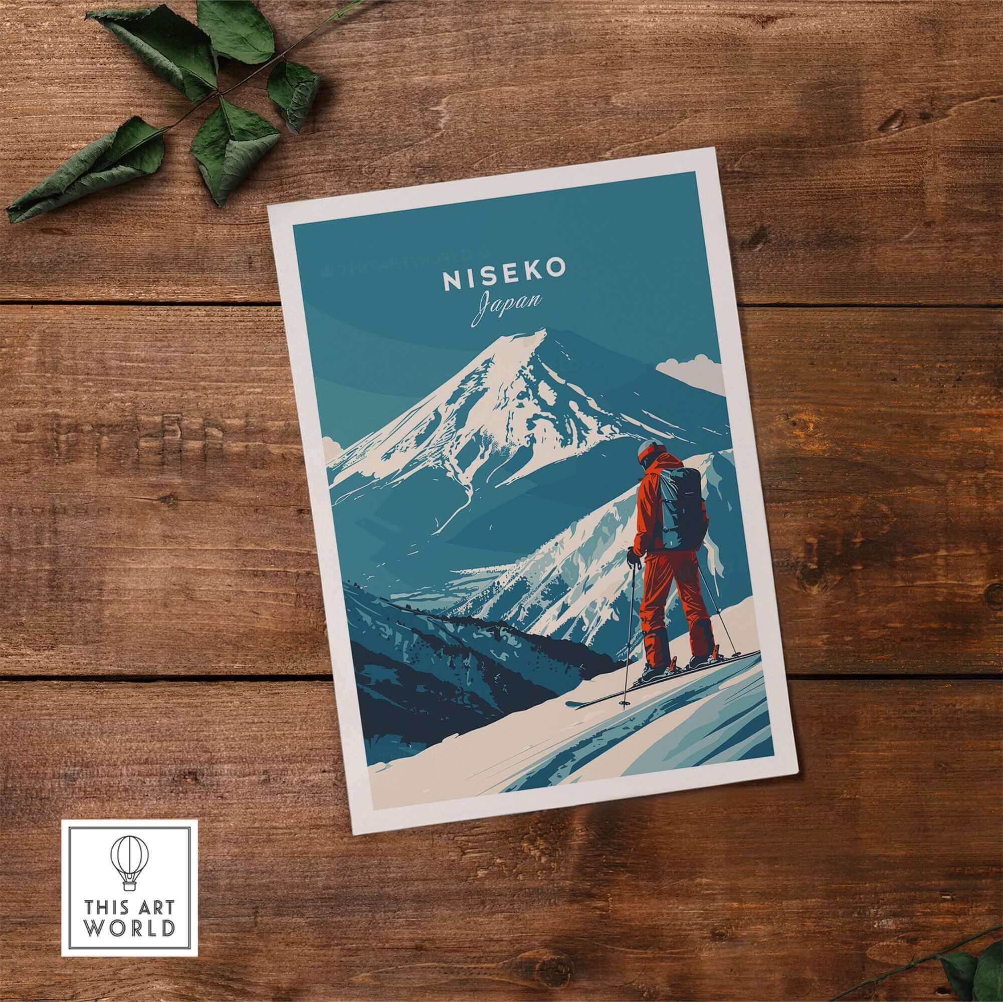 Niseko Wall Art Japan Ski Poster featuring a skier in red gear on snowy slopes with Mount Yotei in the background.