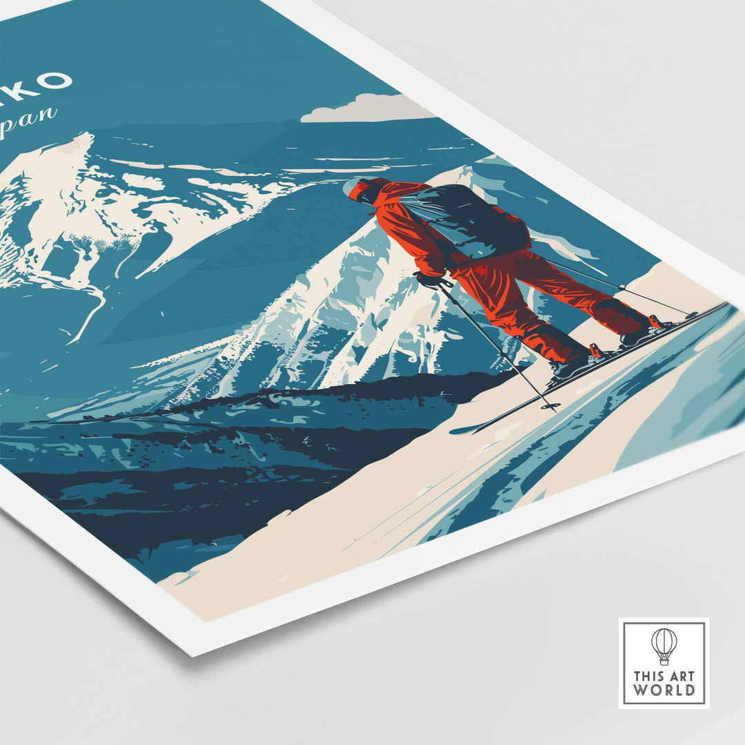 Skiing in Niseko Japan, vibrant wall art poster depicting snowy mountains and skier, perfect for ski enthusiasts and home decor.