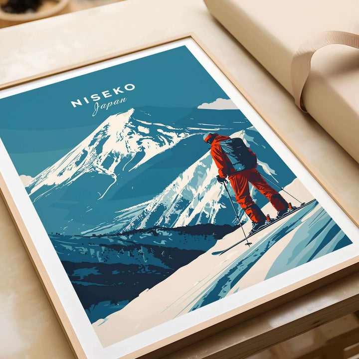 Niseko Wall Art Japan Ski Poster featuring a skier on snowy slopes with a mountain background, perfect for ski enthusiasts and decor.