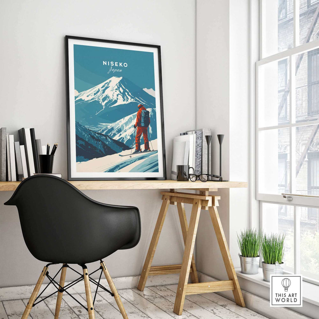 Stylish interior featuring a framed Niseko Japan ski poster on a desk, perfect for adding a touch of adventure and elegance to any space.