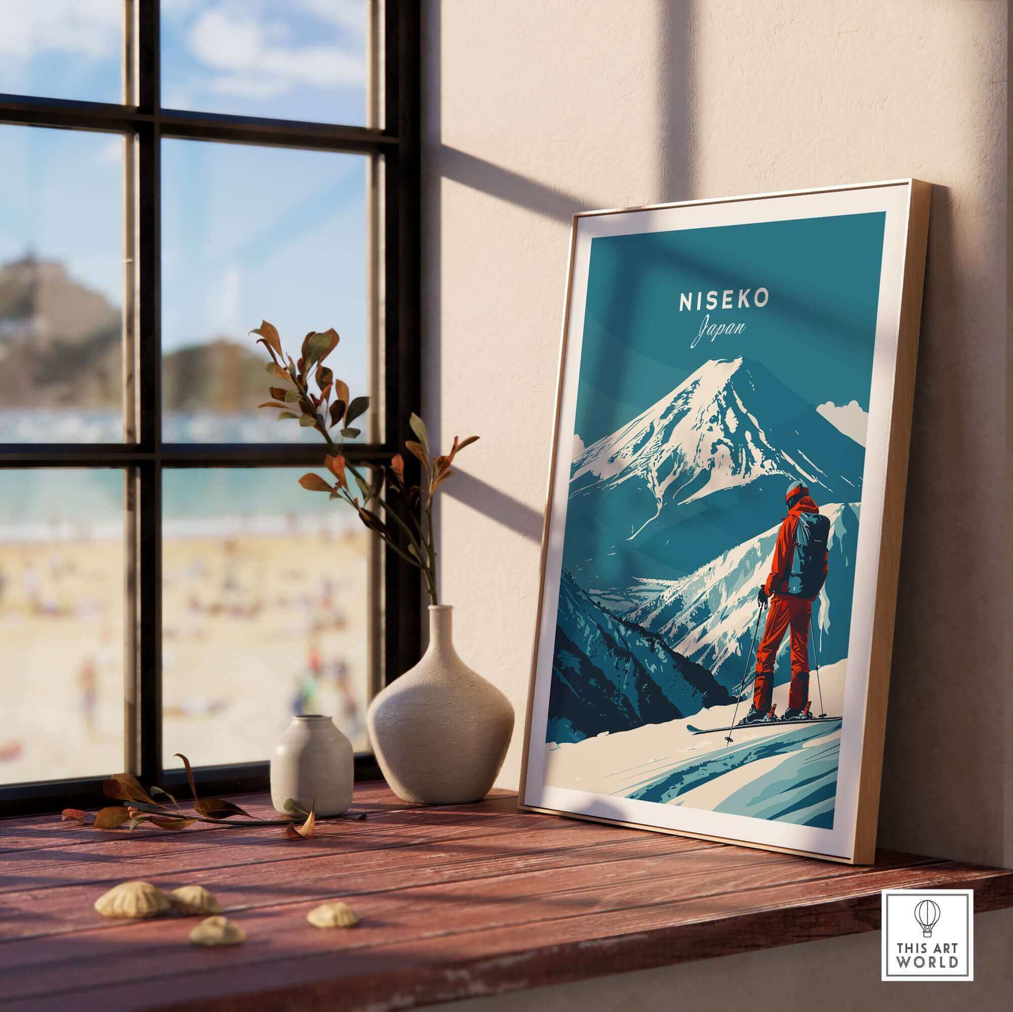 Niseko Wall Art Japan Ski Poster displayed near a window with mountain view, showcasing winter sports and travel art.