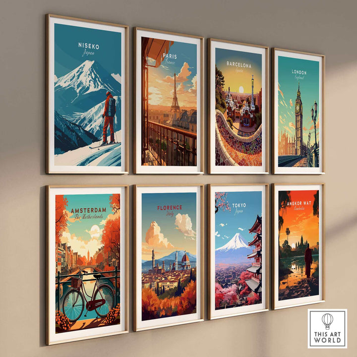 Nine colorful travel posters featuring iconic cityscapes, including Niseko Japan ski resort art, displayed on a wall.