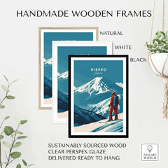 Niseko Japan ski poster with snowy mountain scene, framed in natural, white, or black handmade wooden frames ready to hang.