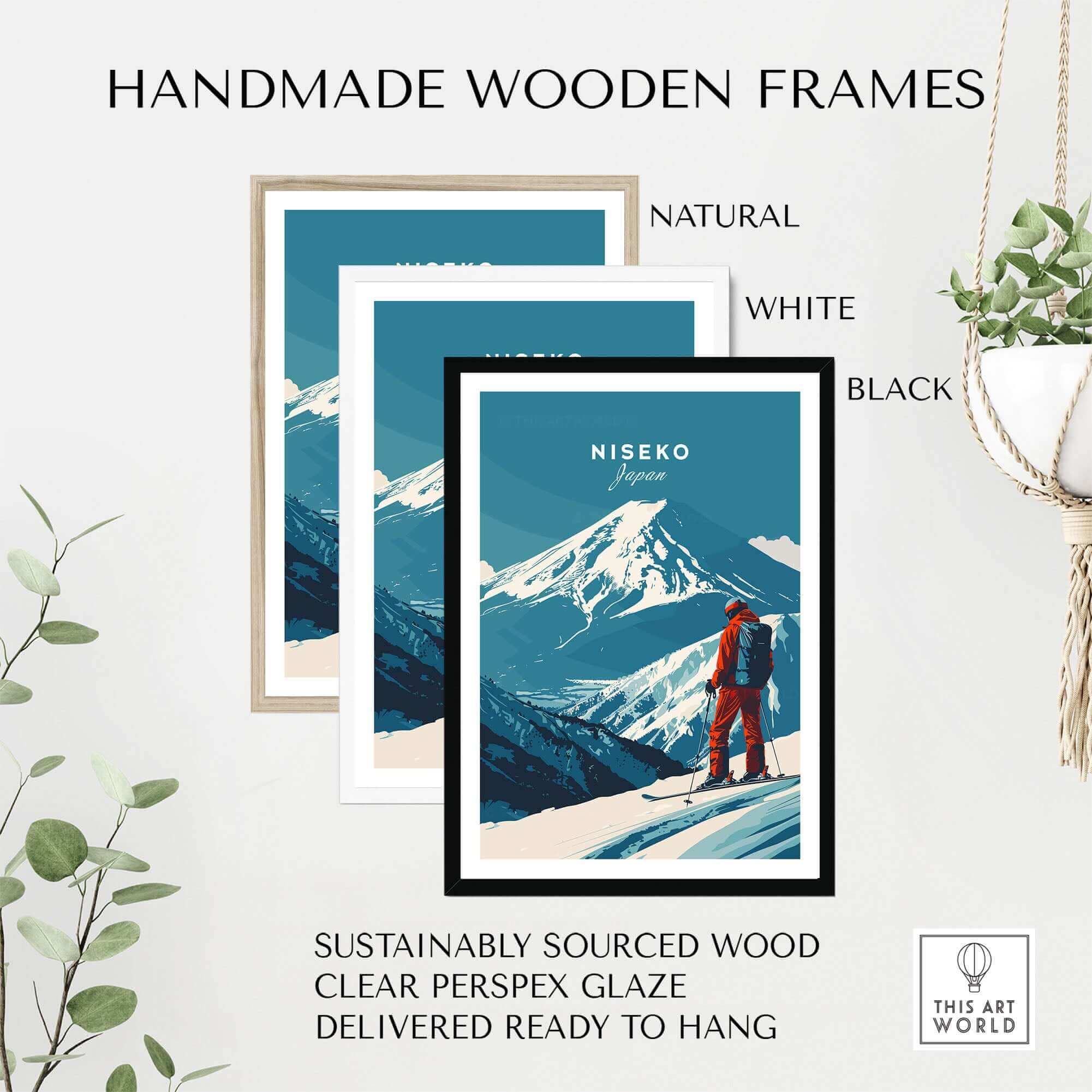 Niseko Japan ski poster with snowy mountain scene, framed in natural, white, or black handmade wooden frames ready to hang.