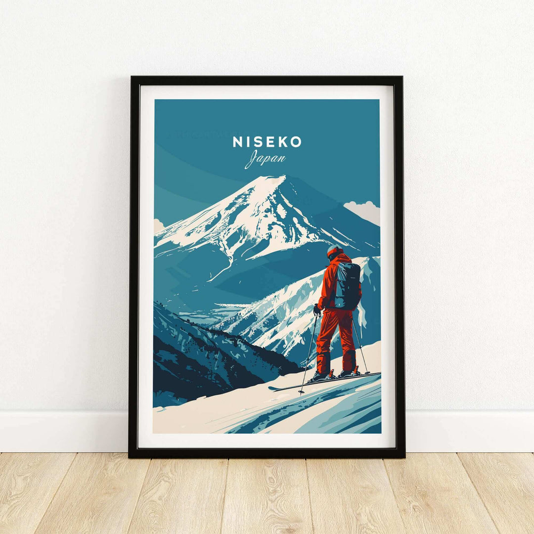 Ski poster of Niseko, Japan featuring a skier on a snowy mountain with a scenic view and vibrant colors, ideal for wall art decor.