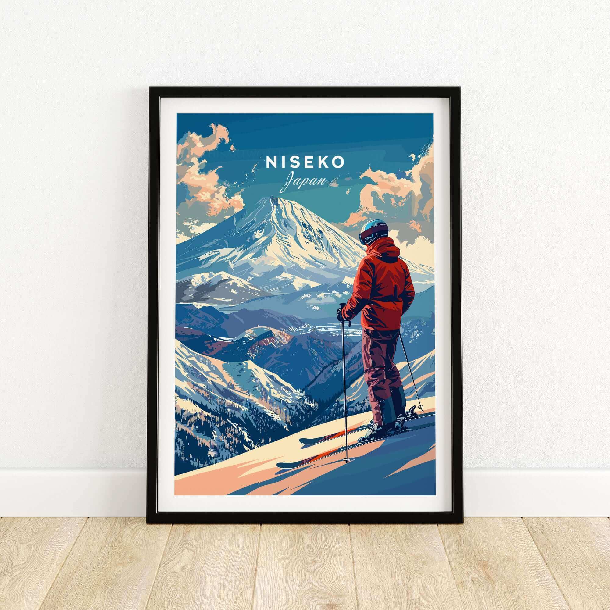 Stunning Niseko Japan wall art featuring a skier overlooking snowy mountains, perfect for home decor and travel enthusiasts.