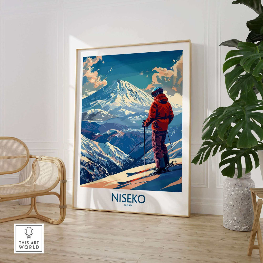 Niseko Japan ski poster of skier with mountain view, vibrant wall art print in living room setting for home decor.