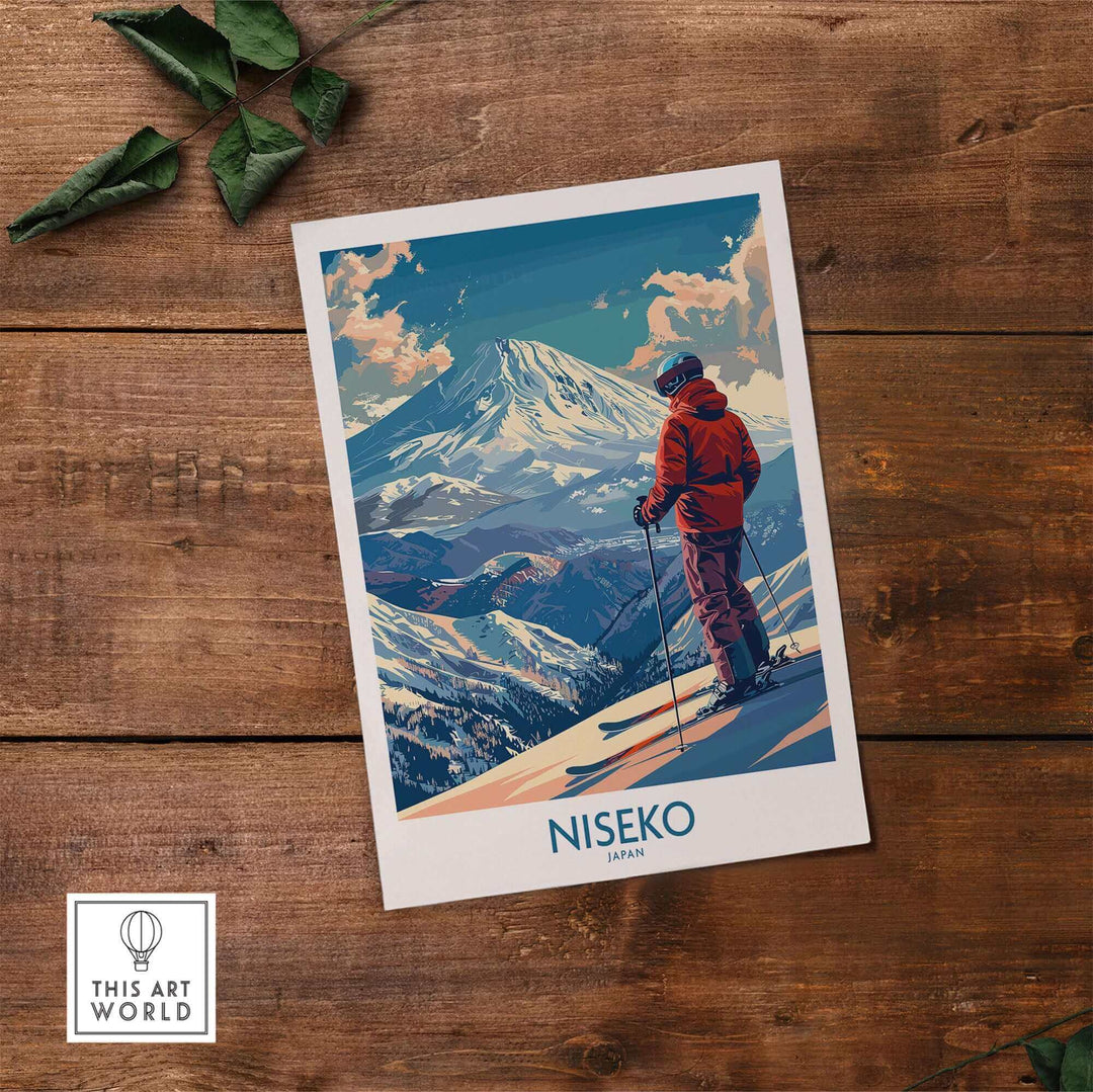 Niseko Wall Art Print featuring skier and Japanese mountain landscape on wooden background.