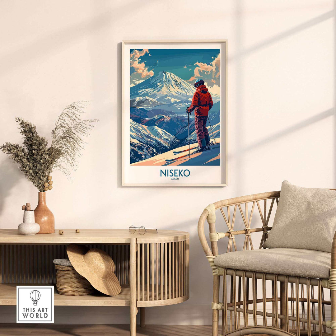 Niseko wall art print featuring skier on Japanese mountain landscape, displayed in a cozy living room setting.