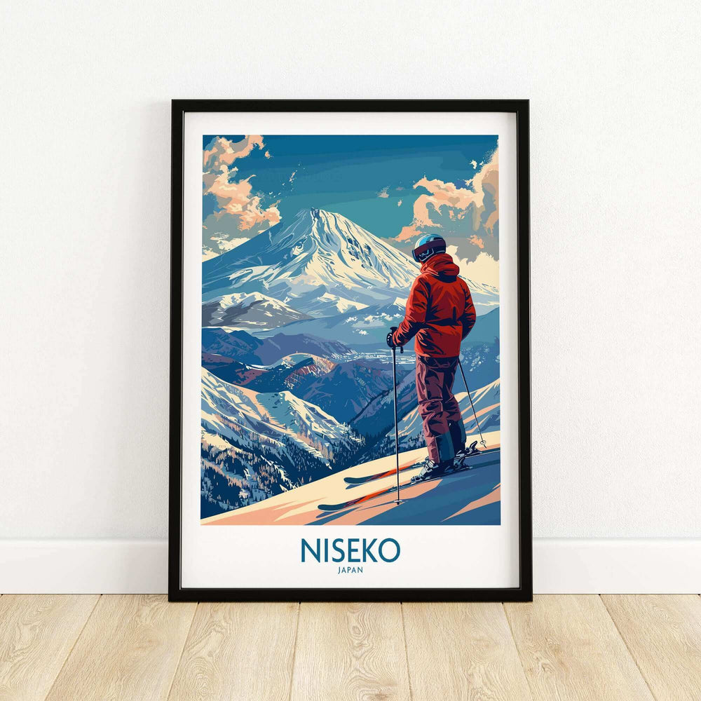 Niseko wall art print featuring a skier with a scenic view of snow-covered mountains in Japan. Perfect ski poster for home decor.