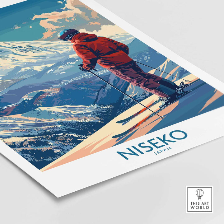 Niseko Japan ski poster featuring vibrant wall art print of a skier overlooking snowy mountains, perfect for ski enthusiasts