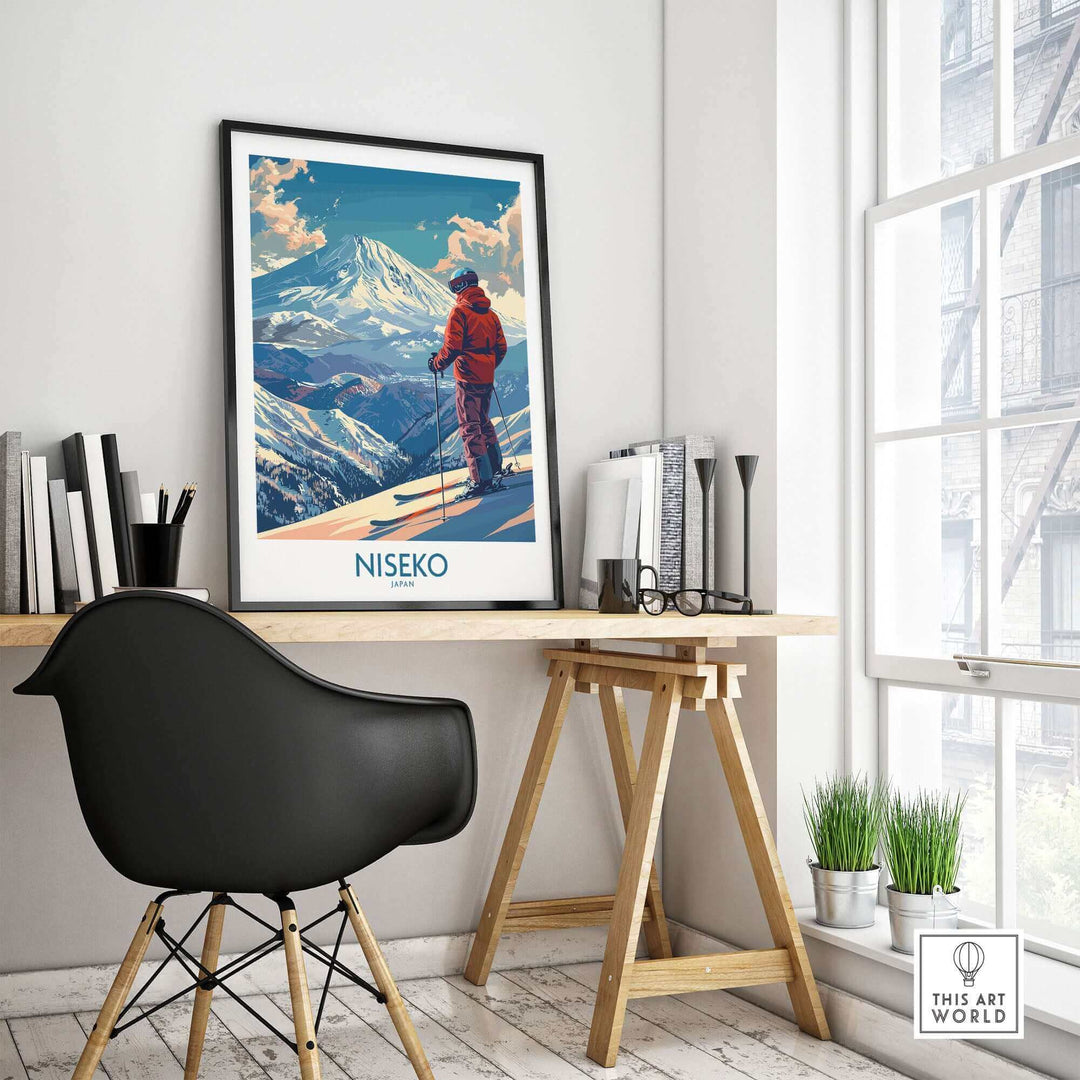 Niseko ski wall art print of skier in modern home office setting with mountain view, Japan poster decor on display.