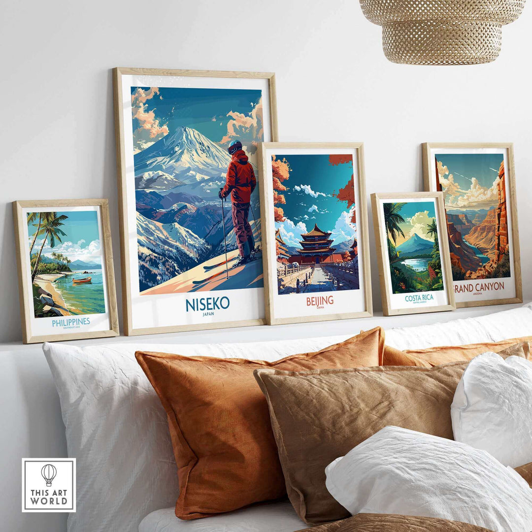 Niseko ski wall art print displayed with travel posters for Beijing, Costa Rica, Philippines, and Grand Canyon.