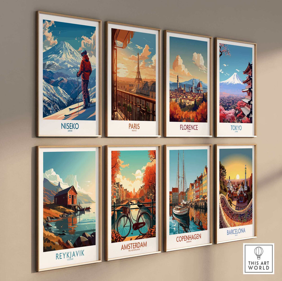 Wall art prints featuring ski scenes from Niseko, Japan, and cityscapes of Paris, Florence, Tokyo, Reykjavik, Amsterdam, Copenhagen, Barcelona.