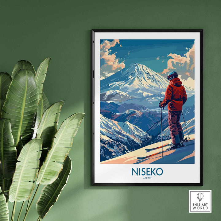 Niseko ski wall art print featuring a skier overlooking snow-capped Japanese mountains, perfect for winter sports enthusiasts.