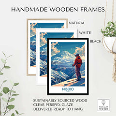 Niseko ski poster featuring mountain scene in handmade wooden frame, available in natural, white, and black, ready to hang.