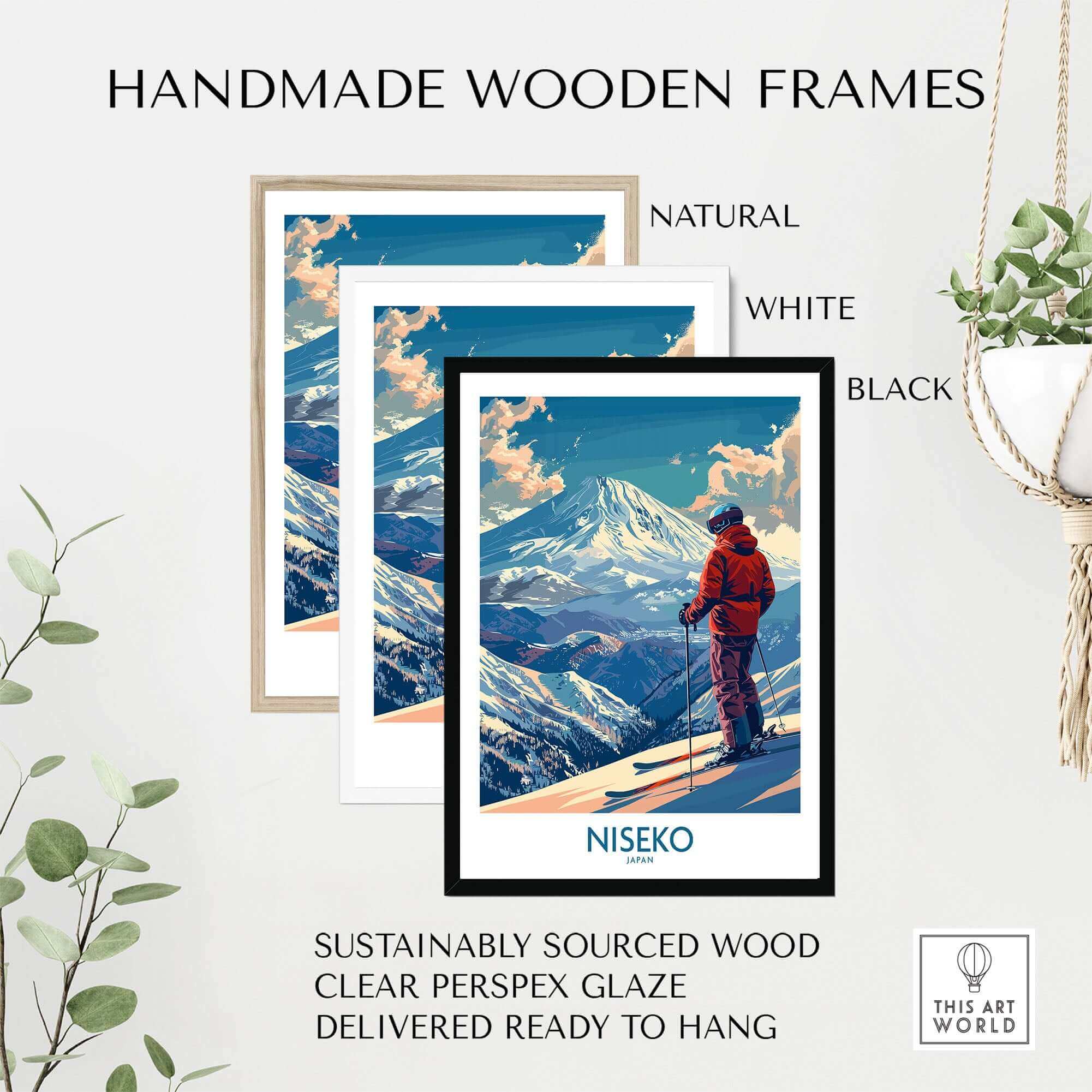 Niseko ski poster featuring mountain scene in handmade wooden frame, available in natural, white, and black, ready to hang.