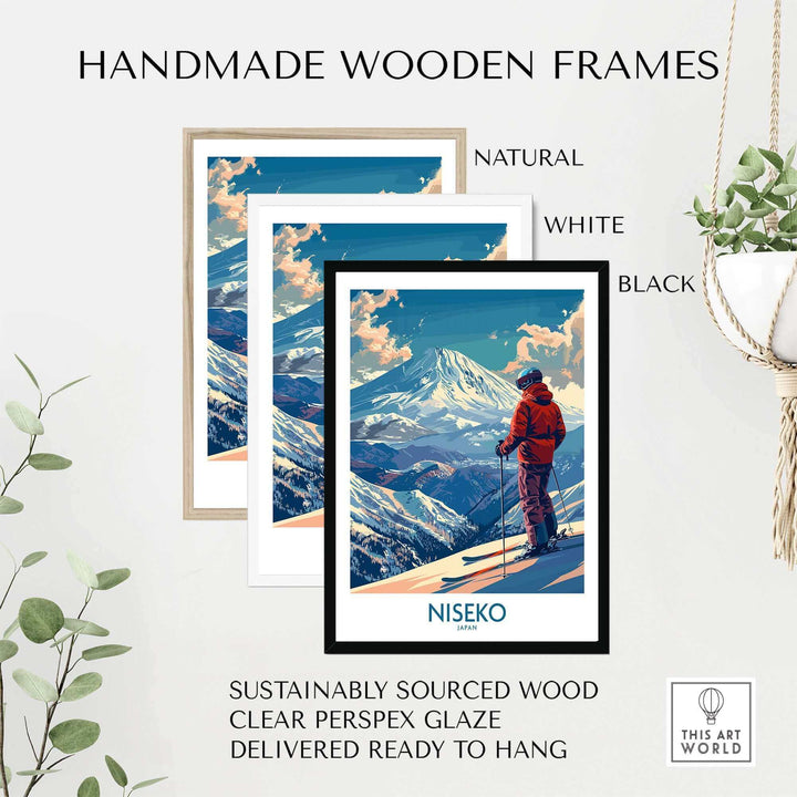 Niseko ski poster featuring mountain scene in handmade wooden frame, available in natural, white, and black, ready to hang.