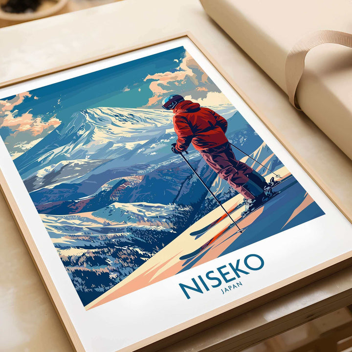 Niseko wall art print featuring a skier overlooking snowy Japanese mountains, perfect for ski enthusiasts and Japan lovers.