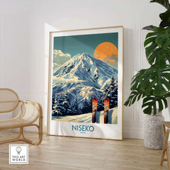 Stylish Niseko ski poster featuring mountain landscape in modern room decor setting. Perfect wall art for ski enthusiasts.